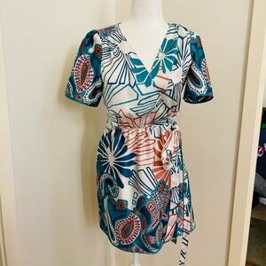 Ba&sh Jara Mixed Print Wrap Mini Dress in the turquoise colorway Size Small NWT